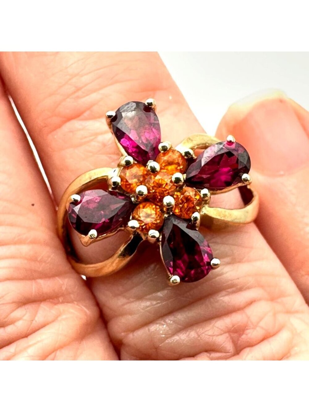 Unique Womens Ring 14K Gold Garnet Citrine 4 Grams Size 7 Estate Jewelry